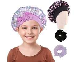 Satijnen kinderslaapmuts - set - 2 stuks - slaapmuts en haarbanden - Ademend polyester - Brede rand - Comfortabel slapen - Kapselbescherming - Unisex maat - Kinderaccessoires