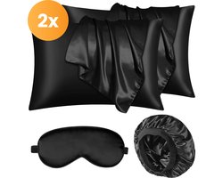 Satijnen kussensloop set - 50x70 - Incl. bonnet en slaapmasker - Zwart - Satijn - Zijden - Beauty - Silk - Zachte - Satin - Moerbij zijden