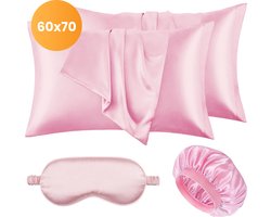 Satijnen set kussensloop - Incl. bonnet en slaapmasker - 60x70 cm - Slaapmuts - Krullen - Satijn - Moerbij - Zijden - Beauty - Silk - Zachte - Satin roze - Soft & Silky