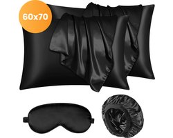 Satijnen set kussensloop - Incl. bonnet en slaapmasker - 60x70 cm - Slaapmuts - Krullen - Satijn - Moerbij - Zijden - Beauty - Silk - Zachte - Satin zwart