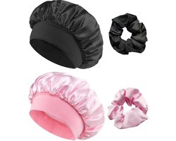 Satijnen Slaapmuts, Bonnet, Nachtmuts, Verstelbare Zijdeslaapmuts voor Dames en Meisjes, 2 Stuks (Zwart,Roze)