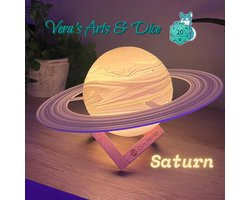 Saturnus met Ringen Lamp | Vera's Arts & Dice | 16 Verschillende Kleuren | Planeet Lampen | LED Lamp | Oplaadbaar Dimbaar Stroboscoop Effect Aanraak Gevoelig Afstandsbediening | 3D Print Handmade | Lampen Sfeerverlichting | Slaapkamer Woonkamer