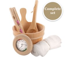Sauna Set - Accessoires - Emmer met Lepel - Thermometer en Hygrometer - Handdoek - Zandloper - Spa Pakket