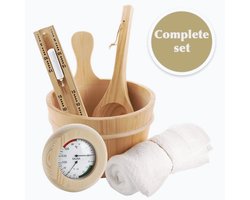 Sauna Set - Accessoires - Emmer met Lepel - Thermometer en Hygrometer - Handdoek - Zandloper - Spa Pakket - Wit zand