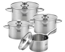 Savoré Kitchen 8-delige Pannenset - RVS Kookpannen met Glazen Deksel - Inductie Pannen - Afgietrand, Maatverdeling en Schenktuit