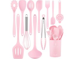 Savorelle Keukengerei set, 12-delige siliconen kookgerei set, kookbestek set, hittebestendig kookgerei met houder, anti-aanbak kookset, keukengerei, vaatwasserbestendig, Kitchen Utensil Set, roze