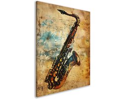 Saxofoon wanddecoratie - Instrument schilderij - Canvas schilderij Muziekpapier - Muurdecoratie landelijk - Canvas schilderij - Muurdecoratie slaapkamer canvas 50x70 cm