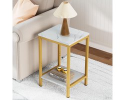 SAYGOER White faux marble side tables Small side table with storage wooden bedside table gold metal frames 2 tier bedside table with adjustable legs, 1 piece, white gold …