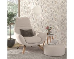 Scandinavisch behang voor woonkamer, modern behang met bladeren 1043131, vliesbehang grijs wit beige 10431-31, eenvoudige aanbrenging, BRICOFLOR.nl