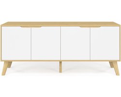 Scandinavisch dressoir, 140 cm breed, beukenhout met 4 witte deuren, modern opbergmeubel voor woonkamer of hal