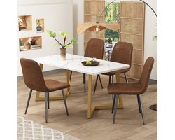 Scandinavisch Vintage Serie – Eetset 5-delig – Kunstleren Stoelen met IJzeren Poten – Eettafel met Gouden Poten – Modern Design voor Eetkamer of Keuken