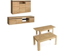 Scandinavisch Woon- en Eetkamerset: Dressoir, TV-meubel en Uitschuifbare Eettafel Naturel Eikenhout