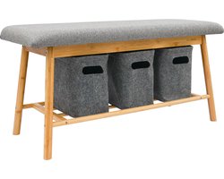 Scandinavische Bank met 3 Vilten Manden - 90x34x44 Bamboe Schoenenbank Houten Entreebankje Metal
