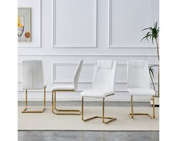 Scandinavische eetkamerstoelen in wit PU-leer (4 stuks per doos) – met een rugleuning in mesh-look, goudkleurige metalen poten en antislipvoetjes. Tijdloos veelzijdig en gemakkelijk te combineren met andere meubels.