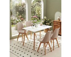 Scandinavische Eetkamerstoelen – Retro Design, Zachte Bekleding, Set van 4, Massief Beukenhout, Comfortabele Stoelen voor Keuken, Woonkamer en Eetkamer – Light Kaki Casa Serena