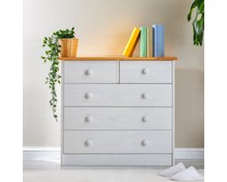 Scandinavische Massief Houten Commode met 5 Laden Wit/Bruin – Landelijke Ladekast Opbergkast voor Slaapkamer en Woonkamer | Mobili Bella
