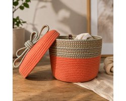 Scandinavische Opbergmand met Deksel – Handgemaakt Katoenen Mandje – Oranje & Groen – Ø24 cm