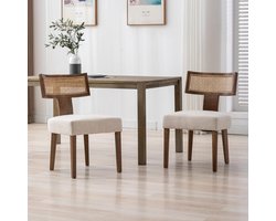 Scandinavische Rattan Eetkamerstoelen Set van 2 – Luxe Beige Linen Stoelen met Massief Houten Poten en Gebogen Rugleuning voor Eetkamer, Keuken en Woonkamer – Nordica Collection