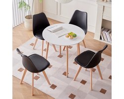 Scandinavische Ronde Eettafel met Set van 4 Eetkamerstoelen – Gestoffeerde Stoelen met PU-Kussen – Tafel Voor Keuken, Eetkamer, Restaurant of Woonkamer - Zwart