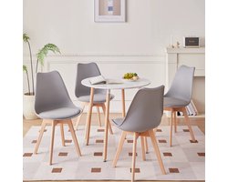 Scandinavische Ronde Eettafel met Set van 4 Eetkamerstoelen – Gestoffeerde Stoelen met PU-Kussen – Tafel Voor Keuken, Eetkamer, Restaurant of Woonkamer - Grijs