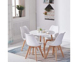 Scandinavische Ronde Eettafel – Moderne Witte Keukentafel met Massief Beukenhouten Poten – Compact & Duurzaam – Perfect voor Kleine Keukens, Woonkamers en Eetruimtes – 80 x 80 x 73 cm NoviHome
