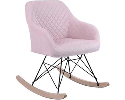 Scandinavische Schommelstoel Roze Stof Houten Zitting Metalen Poten