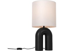 Scandinavische Tafellamp Zwart met Witte Linnen Kap - Modern Design voor Woonkamer en Slaapkamer - Ø30 cm