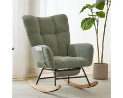 Scandinavische Teddy Schommelstoel met Voetenbank - Relaxstoel Combinatie - Ergonomische Rugleuning - Beensteun Ontwerp - Zachte Teddy Stof Fauteuil - Voor Lezen en Ontspannen-Groen