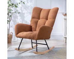 Scandinavische Teddy Schommelstoel - Relaxstoel - Ergonomische Rugleuning - Zachte Teddy Stof - Stevige Houten Basis - Comfortabele Stoel voor Woonkamer Slaapkamer Babykamer-Bruin