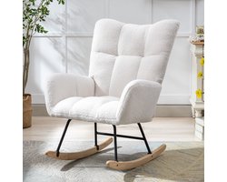 Scandinavische Teddy Schommelstoel - Relaxstoel - Ergonomische Rugleuning - Zachte Teddy Stof - Stevige Houten Basis - Comfortabele Stoel voor Woonkamer Slaapkamer Babykamer-Wit