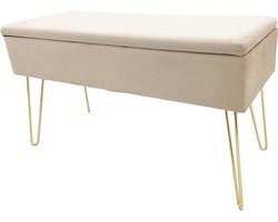 Scarlett Zitbank - Gestoffeerde bank - Fluwelen bekleding - Opbergkist - Rechthoekig - Make-upbank - Opbergruimte - Opbergbank - Metalen poten - 75 x 30 x 415 cm - Polyestermix - Crème