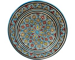 Schaal aardewerk 35 cm turquoise blauw met verschillende kleuren
