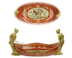 Schaal - Dieprode porseleinen kom - Vogels - 19 cm hoog