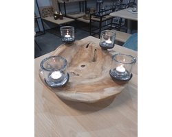 schaal in teak hout, incl 4 glazen theelichthouders. kerstgeschenk. luxe uitvoering