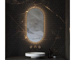 Schaere Ovale Badkamerspiegel - Design spiegel - Indirecte Verlichting - Spiegel Verwarming - Touch Sensor - Kleurenwissel - Messing Frame - 40 x 90 cm