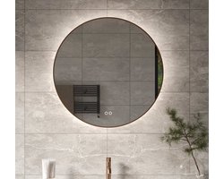 Schaere Ronde Badkamerspiegel - Design spiegel - Indirecte Verlichting - Spiegel Verwarming - Touch Sensor - Dimfunctie - Koperen Frame - 60 x 60 cm