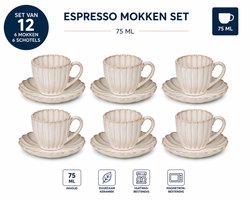 Schäfer vintage look espresso mokken Set met Schotels – Set van 6 Mokken & 6 Schotels – 75 ml – Keramiek – Crème Beige