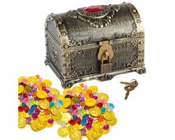 Schatkist Met Gouden Munten Set - Schatkist Met Gouden Speelgoedmunten Piraten - Piraten Munten - Schatkistje - Schatkistje Voor Kids - Met Slot - Piratenkist - Piratenschatkist - Piraten Speelgoed Geld Munten Goud