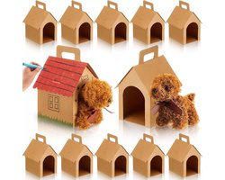 Schattig geschenkdoosje in de vorm van een huis — Met deur en handvat — Draagbaar en inklapbaar — Bruin — Opvouwbaar uitdeeldoosje — Thema: "Adopteer een puppy" — Ideaal voor cadeautjes, beschilderen en doe-het-zelfprojecten
