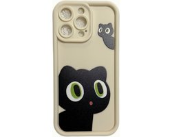 Schattig Zwarte Kat Créme / Beige Telefoonhoesje met Groene Ogen - iPhone 16 Pro - Stijlvol en Schokbestendig Cartoon Design - Kawaii Phonecase - Cute hoesje - Slim Fit Beschermhoes voor iPhone 15/15 Pro/15 Pro Max/16/16 Pro/16 Pro Max