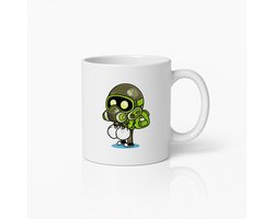 Schattige Gifgasmasker Cartoon Mok – Grappig Militair Gasmasker Cadeau voor Koffieliefhebbers