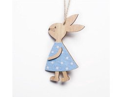 Schattige houten konijn paasdecoratie - Paastakken | Konijn hout - hanger | Blauw polkadot dots jurkje - Meisje - Girl | Decoratie kinderkamer - Versiering | Geboorte - Baby - Babyshower | Guirlande - Banner | Pasen - Paasfeest - Paashaas – Haas