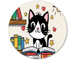 Schattige kat leest een boek - Kat rond schilderij - Rond wandpaneel dieren - Pop Art - Wandkunst rond - Decoratie muur - muurcirkel aluminium 60x60 cm