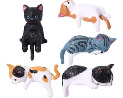 Schattige Miniatuur Kattenbeeldjes Set van 5 - Luxe Katten Figuren voor Auto Dashboard & Computer Monitor Decoratie - Kawaii Poesjes voor Bureau - Meerkleurig