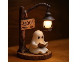 Schattige spook‑leeslamp (boeklamp), LED‑nachtlampje met warm licht, geschikt als Halloween‑decoratie voor tafel, slaapkamer, kantoor en openhaard.