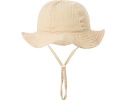 Schattige Vakantie Zonnehoed Linnen look - Beige / Zand / Khaki kleur - Katoen | 3 – 18 Maanden | Baby – Kind | UV Werend | Elastiek – Licht Uitrekbaar | Strandhoedje - Zomer Accessoire | Voor op het strand of onderweg! | DH collection