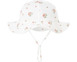 Schattige Vakantie Zonnehoed Linnen look - Bloem / Bloemetjes - Katoen | 3 – 18 Maanden | Baby – Kind | UV Werend | Elastiek – Licht Uitrekbaar | Strandhoedje - Zomer Accessoire | Voor op het strand of onderweg! | DH collection
