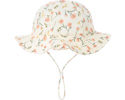 Schattige Vakantie Zonnehoed Linnen look - Bloesem / Bloem / Bloemetjes | 3 – 18 Maanden | Baby – Kind | UV Werend | Elastiek – Licht Uitrekbaar | Strandhoedje - Zomer Accessoire | Voor op het strand of onderweg! | DH Collection