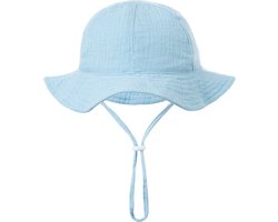 Schattige Vakantie Zonnehoed Linnen look - Lichtblauw / Blauw - Katoen | 3 – 18 Maanden | Baby – Kind | UV Werend | Elastiek – Licht Uitrekbaar | Strandhoedje - Zomer Accessoire | Voor op het strand of onderweg! | DH collection