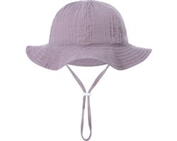 Schattige Vakantie Zonnehoed Linnen look - Lila / Mauve / Purple - Wafelstof / Mousseline | 3 – 18 Maanden | Baby – Kind | UV Werend | Elastiek – Licht Uitrekbaar | Strandhoedje - Zomer Accessoire | Voor op het strand of onderweg! | DH Collection